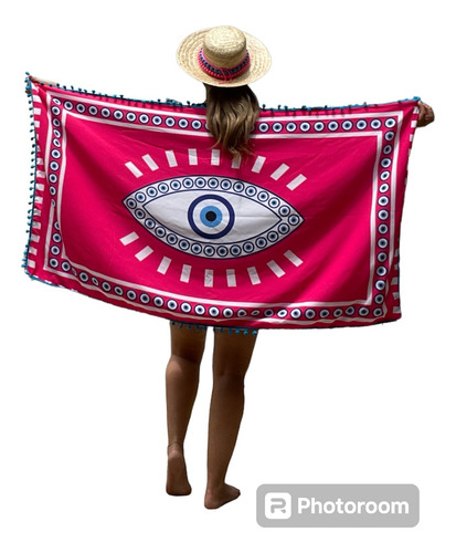 Canga De Praia Estampada Olho Grego Pink Atoalhada Pompom