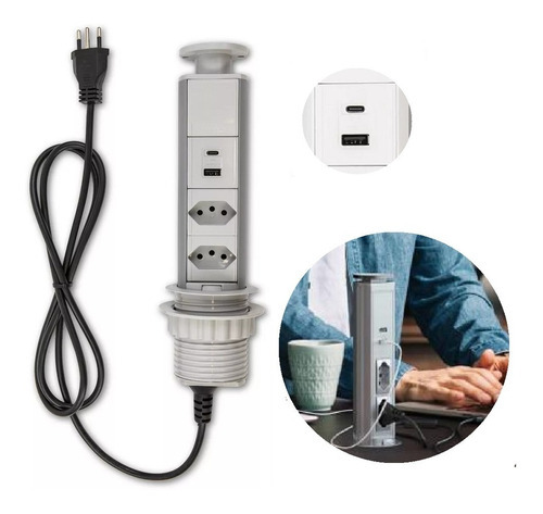 Torre Tomada Multiplug 2 Tomadas 10a + 2 Usb Rápido Qtmov Cor Cinza