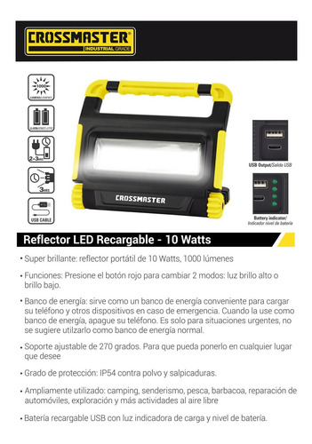 Reflector Led Recargable 1000 Lm 10 W Crossmaster 9932784 Color De La Linterna Amarillo Color De La Luz Blanco