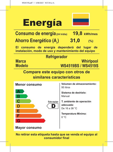 Imagen 5 de 5 de Mini Bar Whirlpool 95 Litros - Plateado Ws4519s Whirlpool