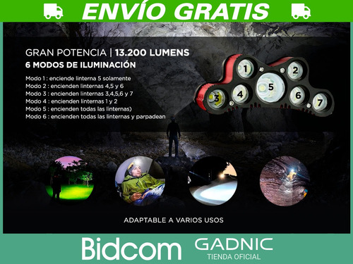 Linterna Minero Vincha + 4 Baterias 18650 + Cargador Homol.