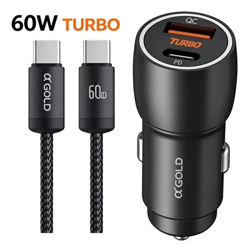 Carregador Veicular Turbo 60w Kit Com Cabo Carro Automotivo Preto
