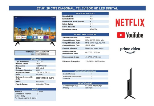 Imagen 4 de 4 de Televisor Hyundai 32 Pulgadas Hd Smart - Hyled3249nim