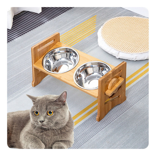 Sh Estante De Mesa De BambĂș, Cuenco Para Mascotas De Acero