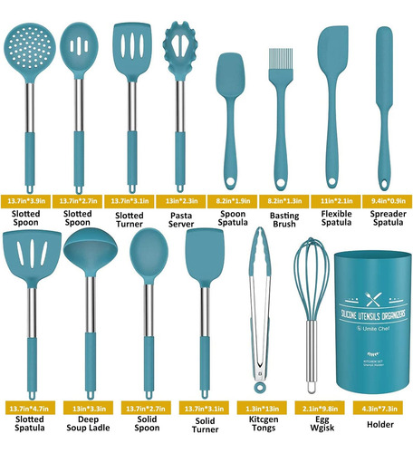 Juego 15 Utensilios Cocina Silicona, Mango Acero Inoxidable