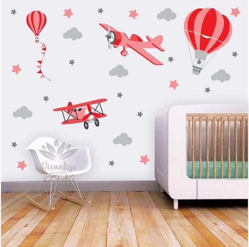 Adesivo De Parede Decoração Infantil Aviões ,balões Vermelho