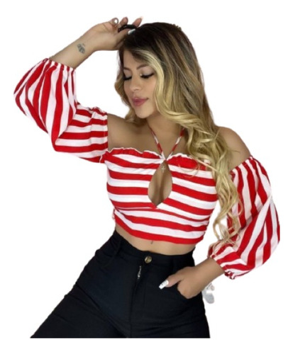 Blusa Tipo Crop Top, Estampado De Rayas, Manga Larga