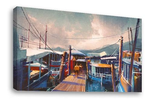 Cuadro Canvas Decorativo  Personas En Muelle Y Barco Pintura