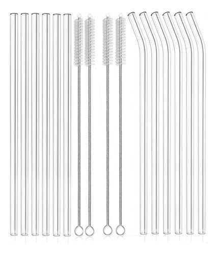 12 Pajitas Cristal Transparente Reutilizables Con 4 Cepillo