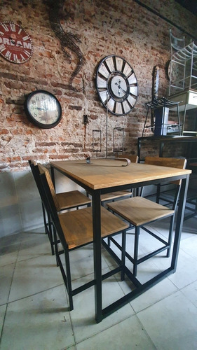 Imagen 10 de 10 de Mesa Hierro Y Madera 120x70 + 4 Sillas Industriales Exterior