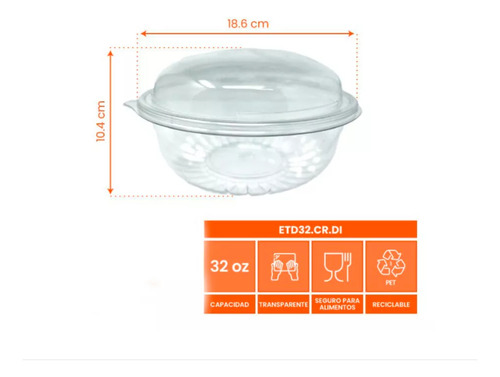Ensaladera Con Tapa Domo 32 Oz Pet Reciclable Wow 50 Jgs Color Blanco