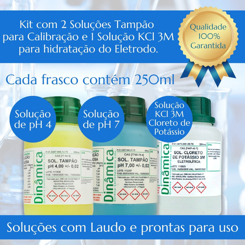 Kit Soluções P/ Phmetro Ph 4, 7 E Kcl 3m Frasco Com 250 Ml