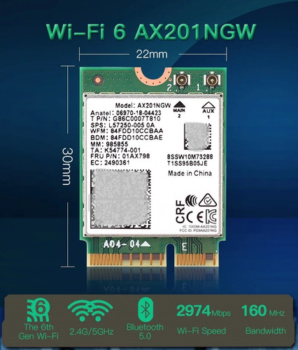 Tarjeta Wifi Intel Ax201ngw Wifi 6 Bluetooth 5.0 2.4ghz 5ghz