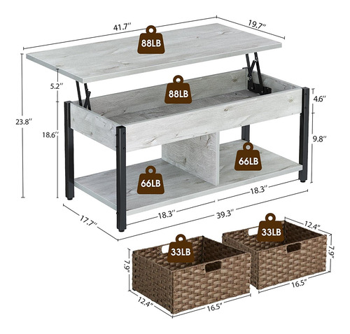 Mesa De Centro Con Almacenamiento Y Cestas De Ratán Gris