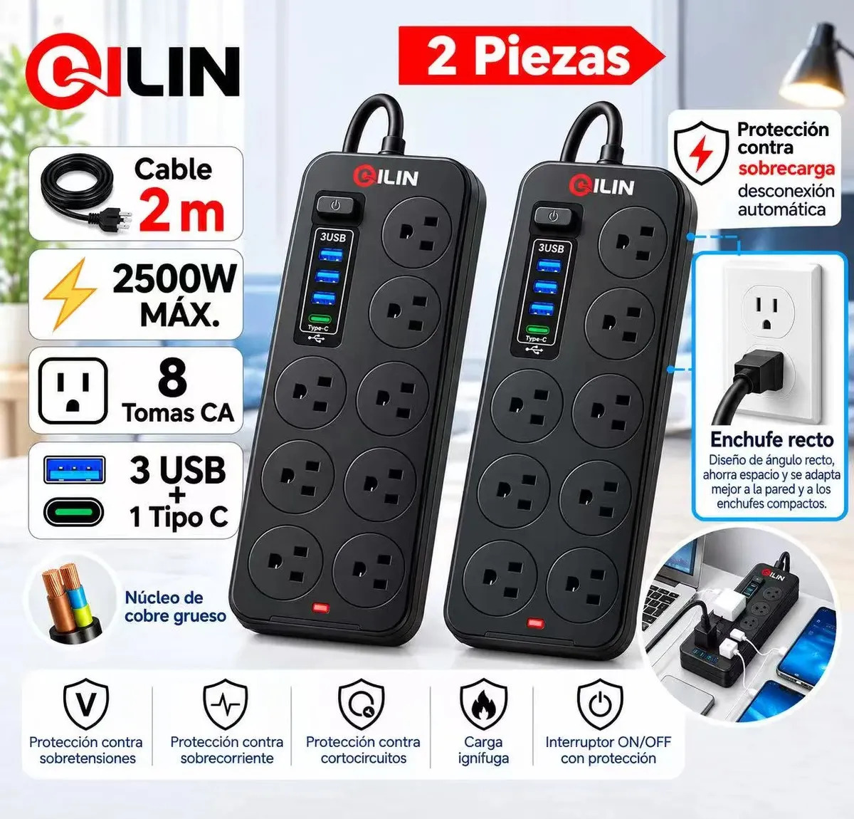 QILIN® 2 Piezas Multicontactos Usb 2500w Cable De Cobre De 2 Metros Con 8 Salidas+3 Usb+1 Tipo C 10a 110v-220v Cable Para Extensiones Electrica Extension Uso Rudo Resistente Al Fuego Color Negro