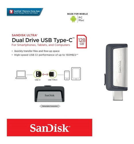 Imagen 2 de 2 de Memoria Usb Dual Drive Tipo C Sandisk 128gb Ultra 3.1