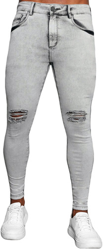 Calça Jeans Skinny Cinza Destroyed Corte Joelho Marmorizada