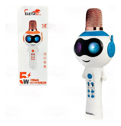 Microfone Sem Fio Robô 5w Karaokê Led Eletromex