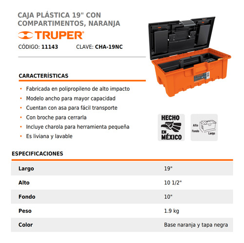 Caja Herramientas Plástica Truper 19 Pulgadas Compartimiento