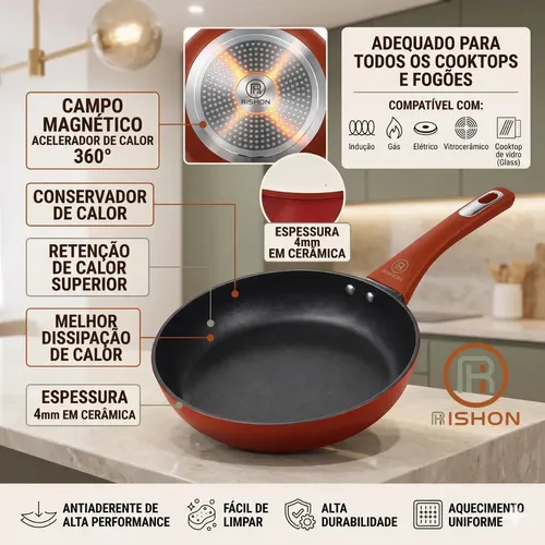 Frigideira Cerâmica 24cm Antiaderente Grande Fogão A Gás Indução Cooktop Elétrico Panela Frita Sem Óleo Não Gruda Rishon Vermelha