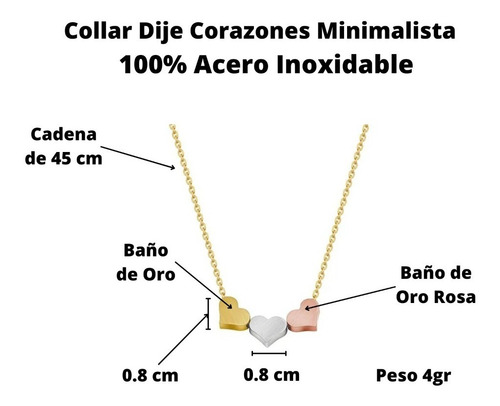 Imagen 2 de 6 de Collar Mujer Dije Corazones Minimalista Acero Plata Oro Rosa