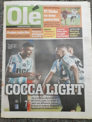 Diario Ole 2 Marzo 2017 Racing 1 Rionegro Águilas 0 