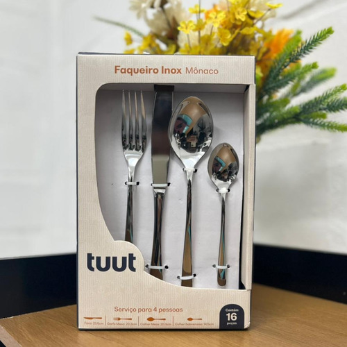 Faqueiro Luxo Aço Inox Conjunto Talheres Monaco 16 Peças Premium Tuut