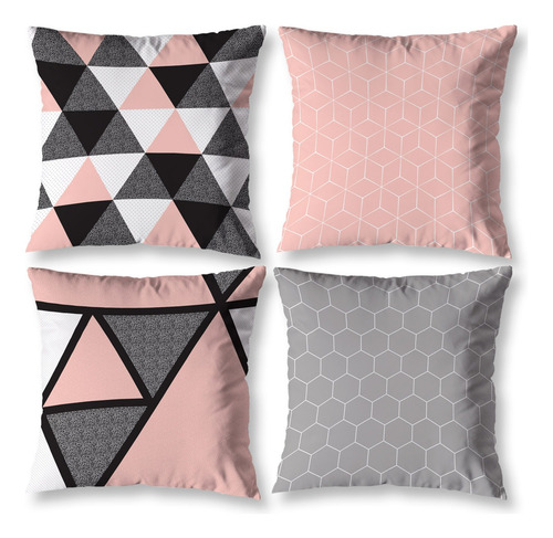 Kit 4 Capas De Almofada 40cm Geométrico Rosa Zíper Invisível