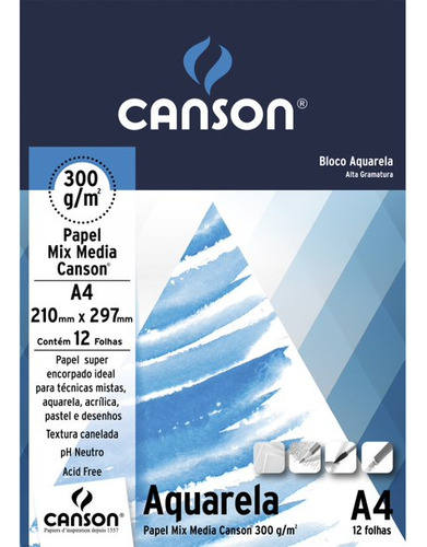 Bloco De Papel Canson Aquarela Mix Media 300g A4 12 Folhas