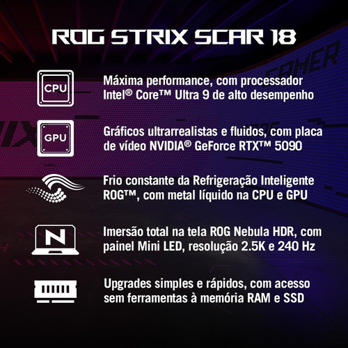 Notebook Rog Strix Scar 18 Rtx5090 Core Ultra 9 64gb 4tb W11 Off Black