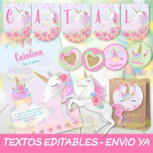 Kit Imprimible Unicornio Glitter Cupcake Textos Editables