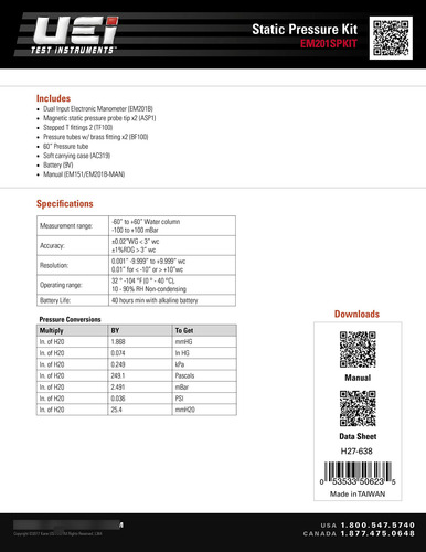 Uei Test Instruments Kit De Presión Estática Em201spkit Mmg