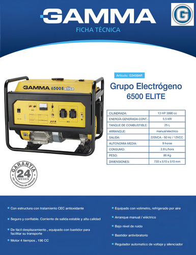 Grupo Electrogeno Gamma 6500 Elite Generador 6000w Ge3458