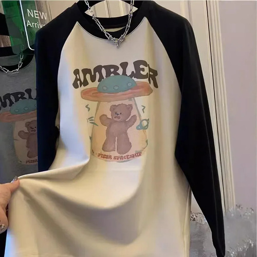Camiseta Coreana De Oso De Dibujos Animados Con Mangas Raglá