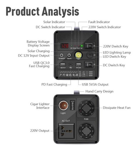 Kit Generador Energia 400w + Panel Solar 60w Portatil Carga