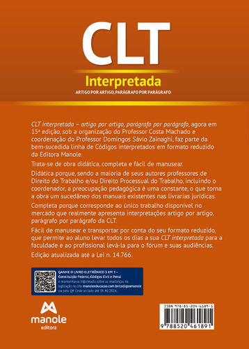 Clt Interpretada - Artigo Por Artigo, Paragrafo Por Paragrafo - 15ª Ed, De Editora Manole. Editorial Manole, Capa Mole, Edição 15 Em Português, 2024