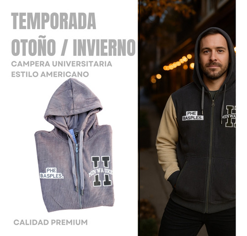 Campera Corderoy Con Capucha Bolsillo Cierre Universitaria