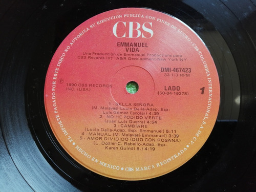 Eam Lp Vinilo Emmanuel Vida 1990 Undecimo Album Estudio Cbs (Usado)