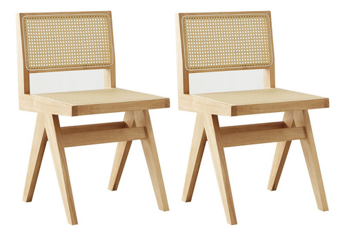 Silla De Comedor Square De Makom, Estructura De Madera De Roble Laqueada Natural. Respaldo Y Asiento En Rattan Esterillado Sintético. Asiento Reforzado Con Malla Tapicera De Polipropileno. Set X2 Unid