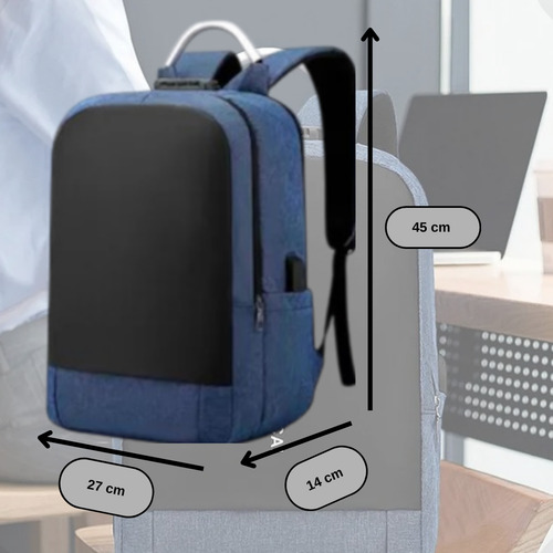 Mochila Azul Antifurto Executiva Com Cadeado Trava Segurança Porta Usb Saída Fone Ouvido Compartimento Notebook Resistente Reforçada Grande Anti Furto Unissex Masculina Feminina Trab