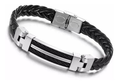 Imagen 5 de 5 de Pulsera Hombre Brazalete Acero Inoxidable Piel Regalo Papá