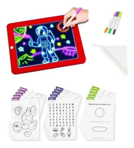 Pizarra De Dibujo Mágico Luz Led + Plumones Niños Colores