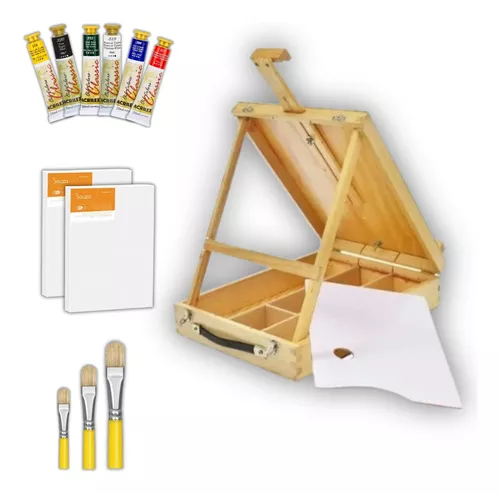 Kit de Pintura com Cavalete Retratil p/ transporte 180X50 + 06 Telas 40x50  + 06 Potes de tinta guache + 01 Pincel