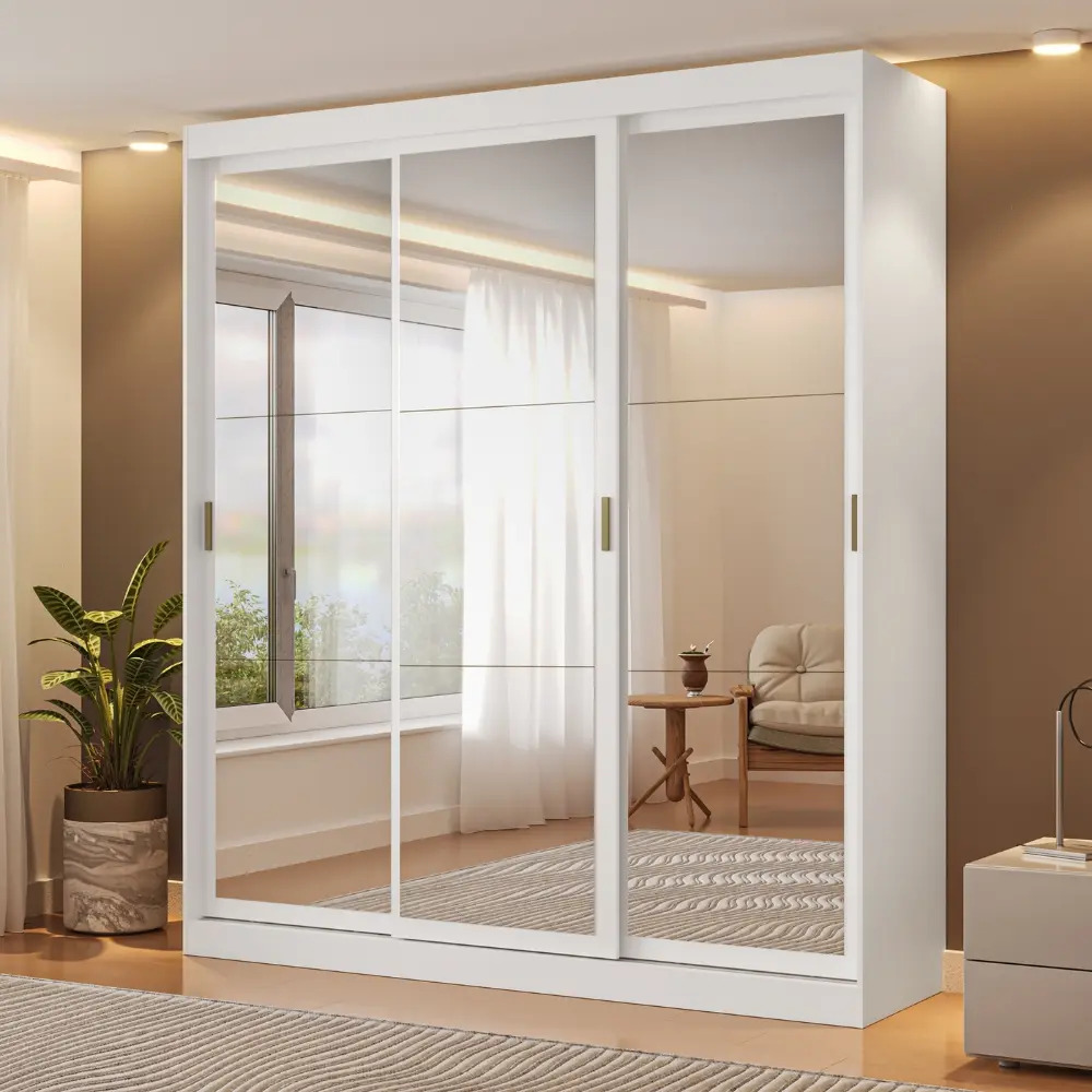 Guarda-roupa Casal Móveis Carraro 3 Portas Espelho Branco Moderno MDP