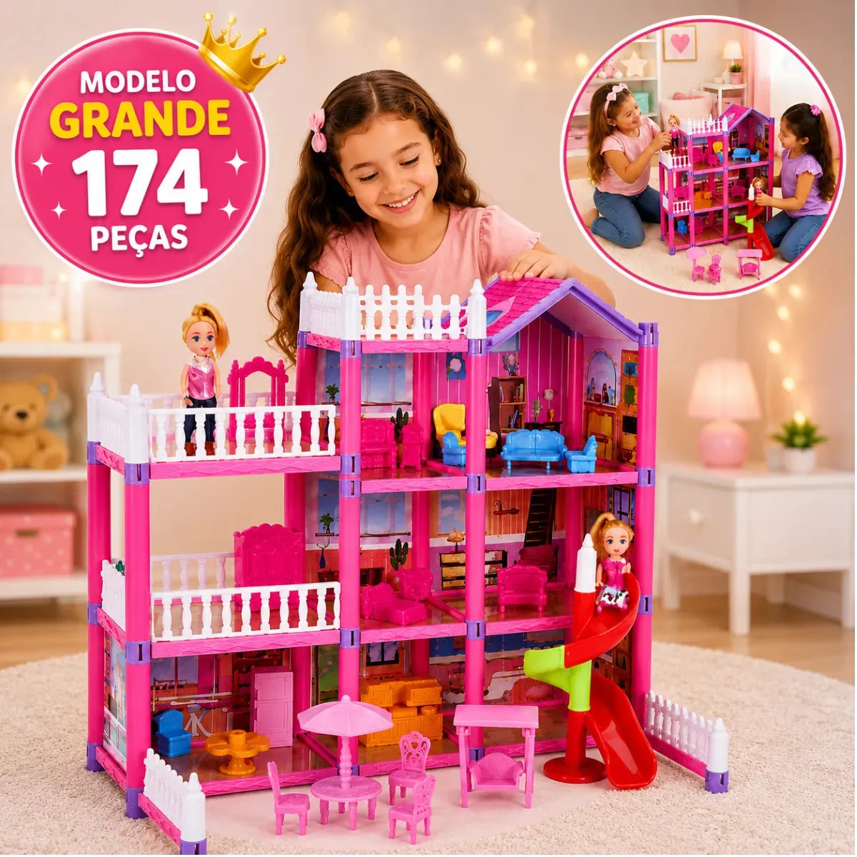 Casinha Castelo De Boneca Grande Casa Princesa Brinquedo Infantil 174 Peças Presente Menina Mompas