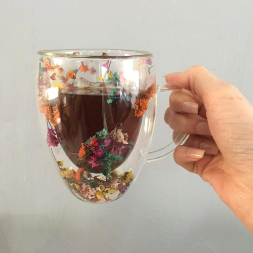 Taza Mug Doble Pared Con Flores Eternas 350ml Cafe Te