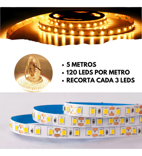 Rollo Led Unicolor Blanco Cálido 2835 De 5 Metros 120 Leds Por Metro Recortable Tira De Luces Led Con Alta Intensidad De Brillo Marca Dosyu