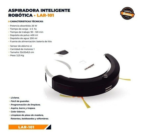 Imagen 2 de 9 de Aspiradora Trapeadora Robot Lüsqtoff Lar-101 Blanca 220v