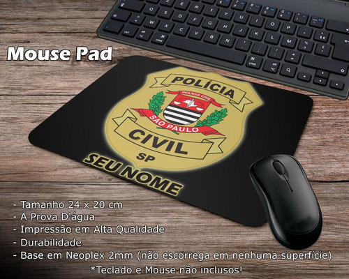 Mouse Pad Preto Polícia Civil São Paulo Com Seu Nome