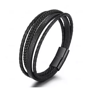 Pulsera De Cuero Tejida De 4 Tiras Con Seguro Negro - D964